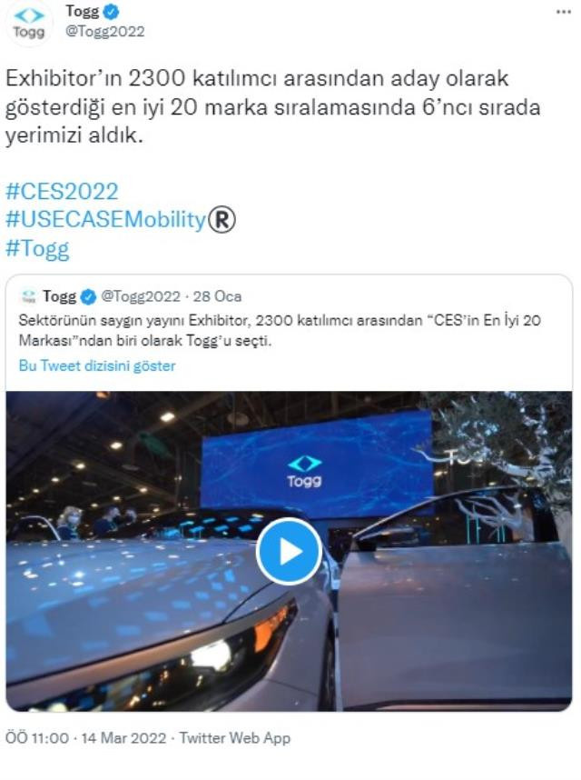 TOGG en iyi 20 marka sıralamasında 6'ncı sırada!